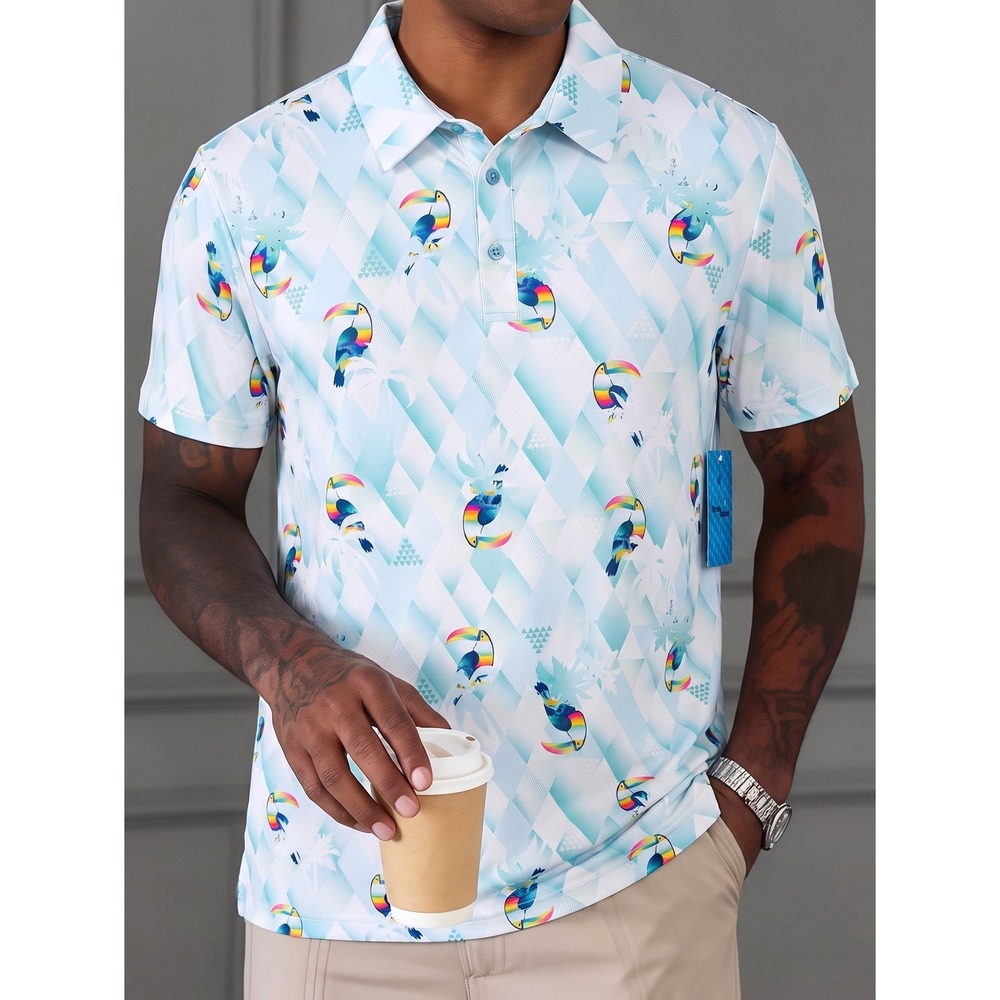 Birdie Bound Polo Shirt Mens Small Blue Toucan Tropical Geometric UPF 50+ New